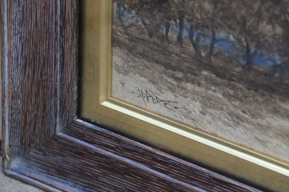 A framed 19th-century watercolour painting depicting the mountainous Pass of Llanberis in North Wales under a blue sky, set within a molded oak frame with a gilt slip. View X