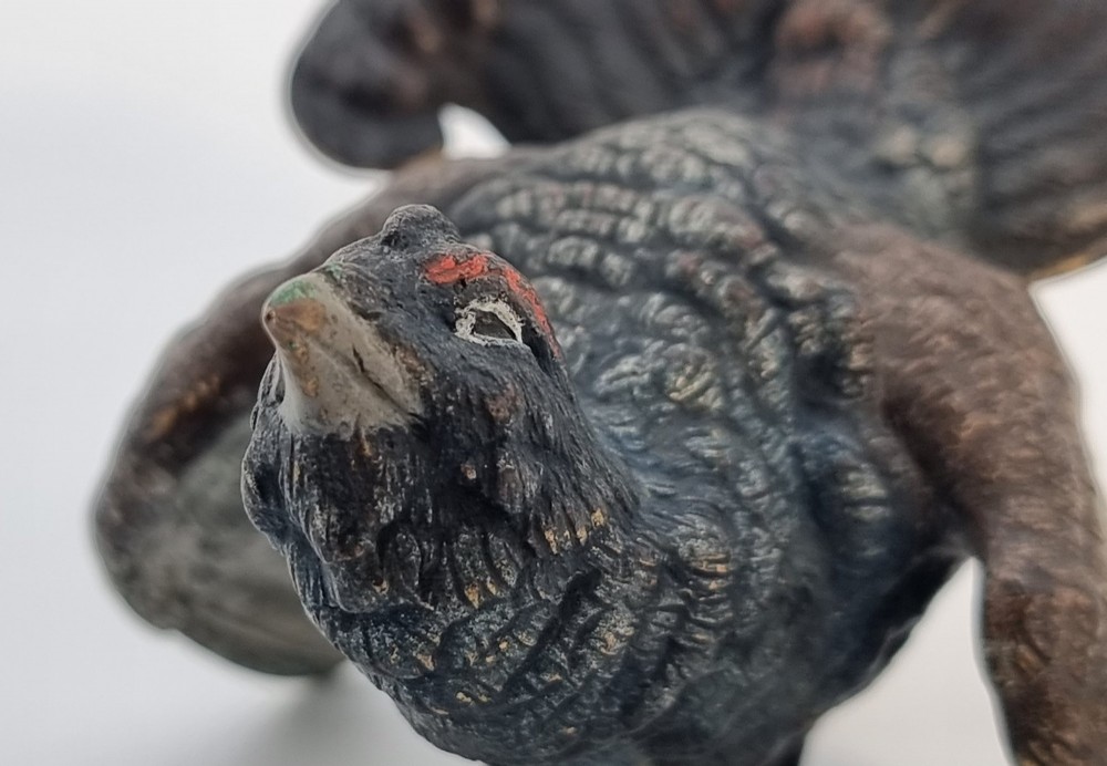 A cold painted bronze sculpture depicting a capercaillie in a display pose with textured dark brown feathers and red eye accents. View VIII