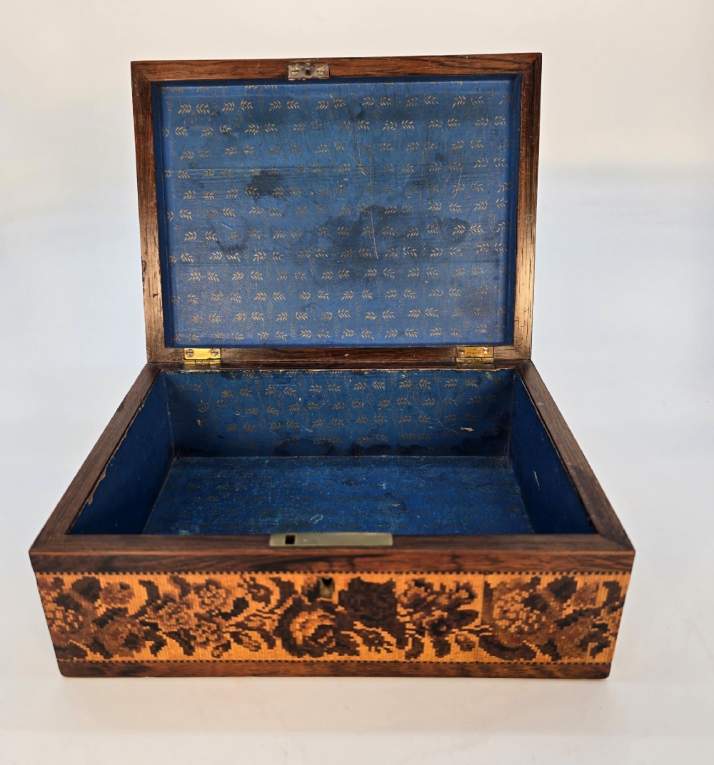 Rectangular dark rosewood jewellery box decorated with Tunbridge Ware micro-marquetry geometric patterns and a floral mosaic band around the base. View VII