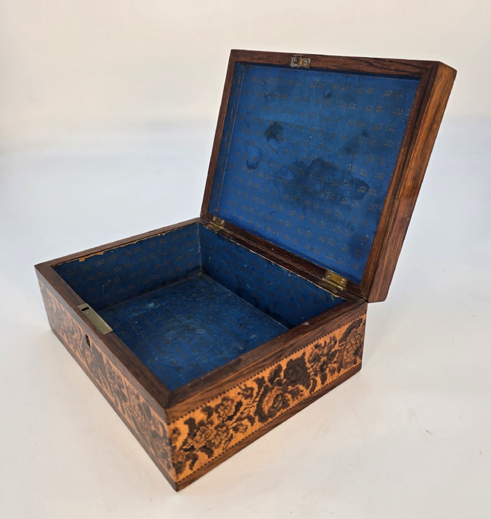 Rectangular dark rosewood jewellery box decorated with Tunbridge Ware micro-marquetry geometric patterns and a floral mosaic band around the base. View VIII