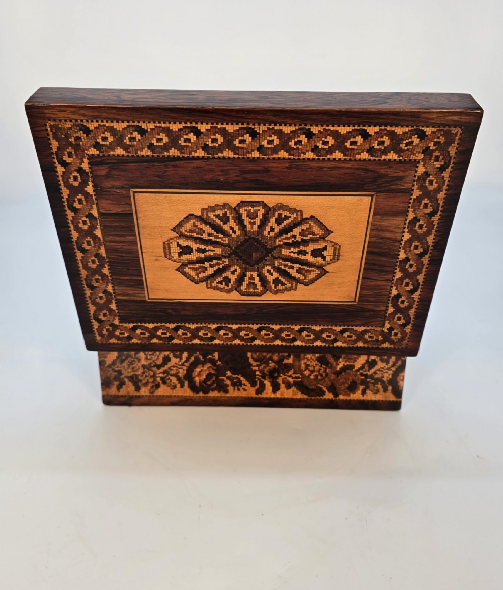 Rectangular dark rosewood jewellery box decorated with Tunbridge Ware micro-marquetry geometric patterns and a floral mosaic band around the base. View IX
