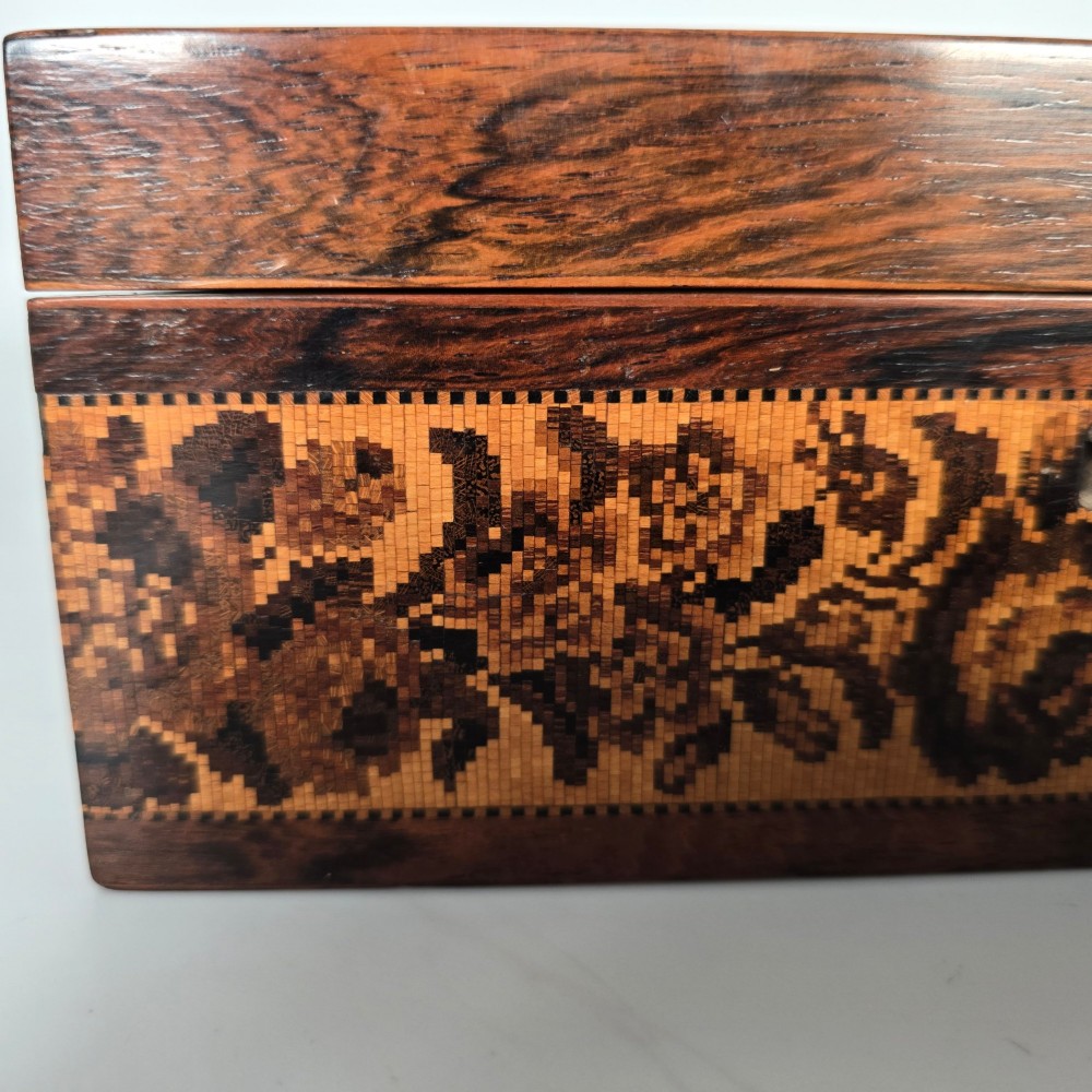 Rectangular dark rosewood jewellery box decorated with Tunbridge Ware micro-marquetry geometric patterns and a floral mosaic band around the base. View XV