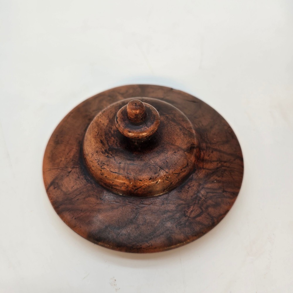 An 18th-century turned walnut wooden tobacco jar featuring a knopped finial lid, turned mouldings, and a dark aged grain surface. View VI