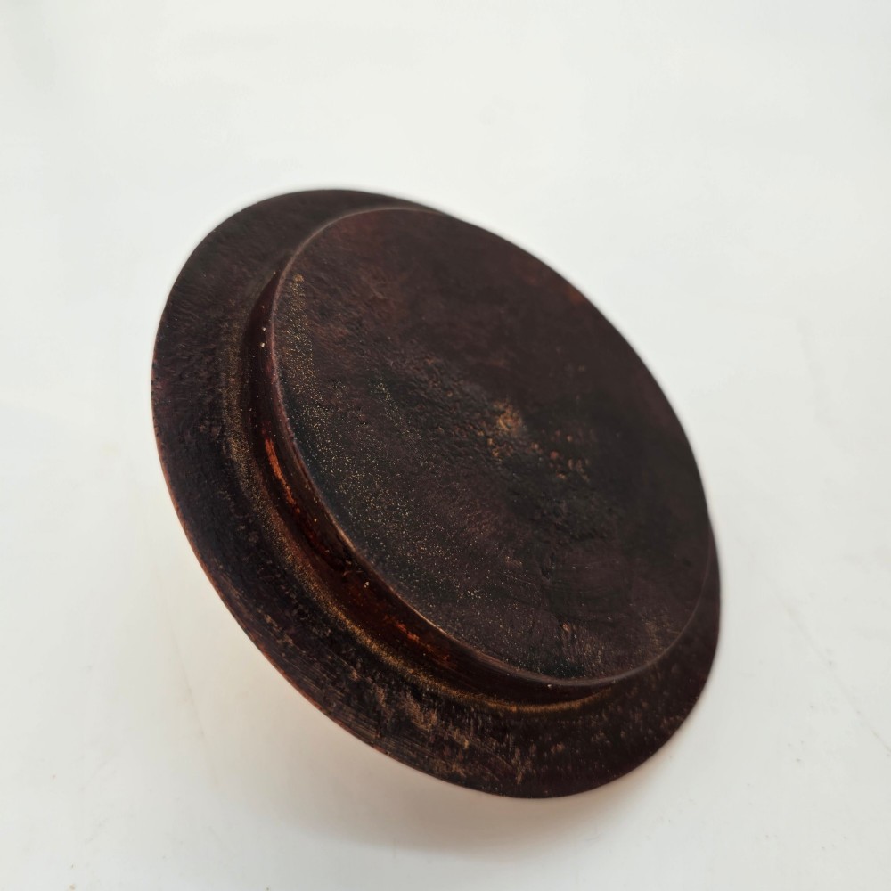 An 18th-century turned walnut wooden tobacco jar featuring a knopped finial lid, turned mouldings, and a dark aged grain surface. View VII