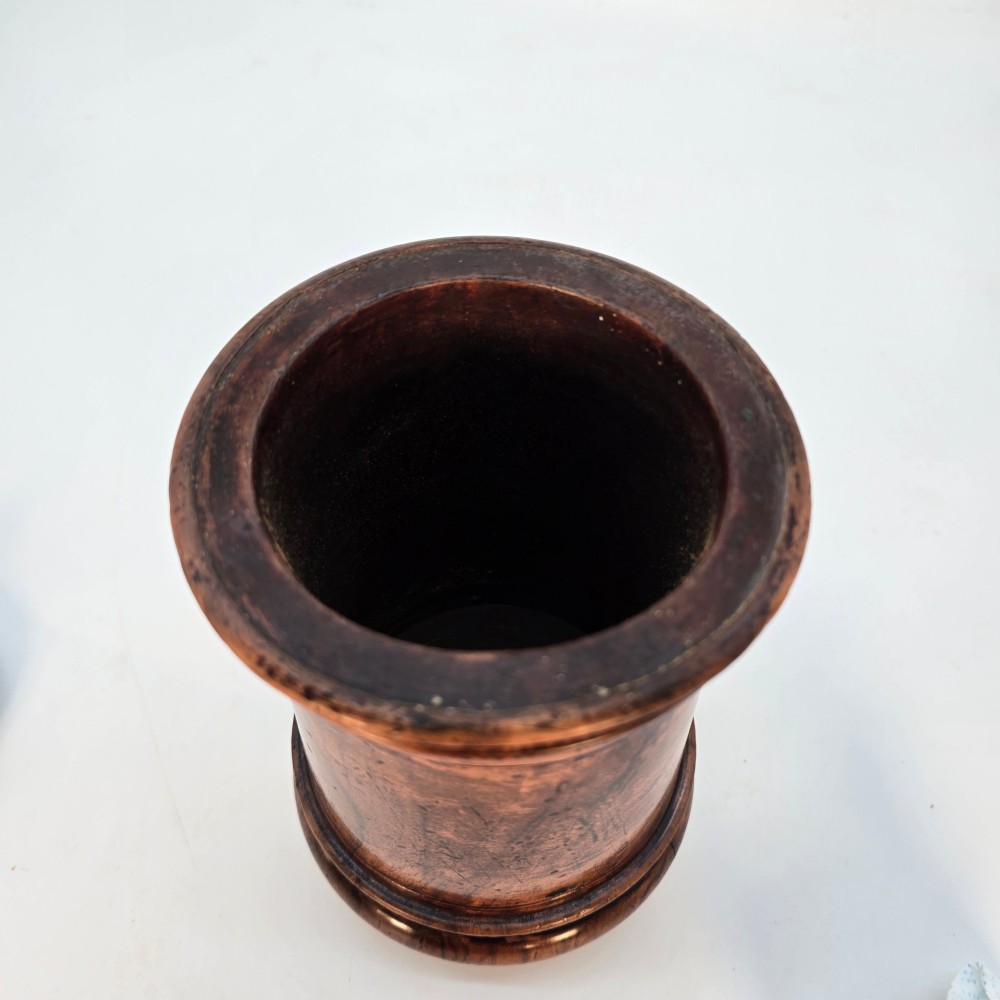 An 18th-century turned walnut wooden tobacco jar featuring a knopped finial lid, turned mouldings, and a dark aged grain surface. View VIII
