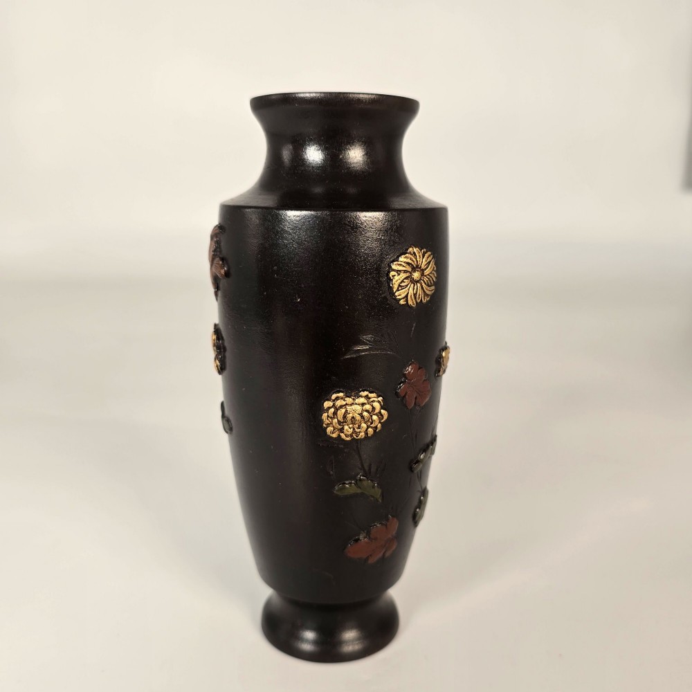 A dark brown patinated bronze Japanese vase featuring raised relief inlays of gold and copper chrysanthemums alongside a bird in flight. View VII