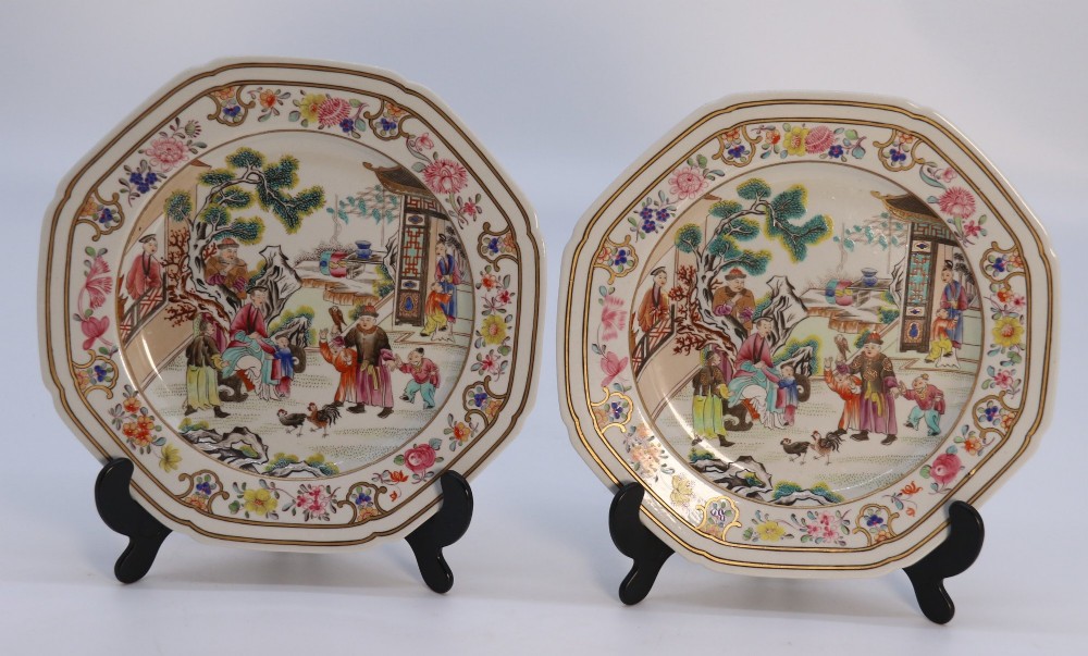 A pair of early nineteenth-century octagonal Spode stone china cabinet plates decorated with polychrome Chinoiserie garden scenes and floral borders. View II