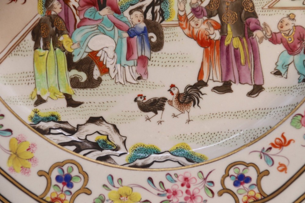 A pair of early nineteenth-century octagonal Spode stone china cabinet plates decorated with polychrome Chinoiserie garden scenes and floral borders. View V