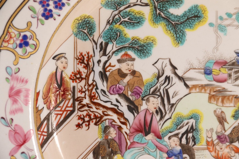 A pair of early nineteenth-century octagonal Spode stone china cabinet plates decorated with polychrome Chinoiserie garden scenes and floral borders. View VIII