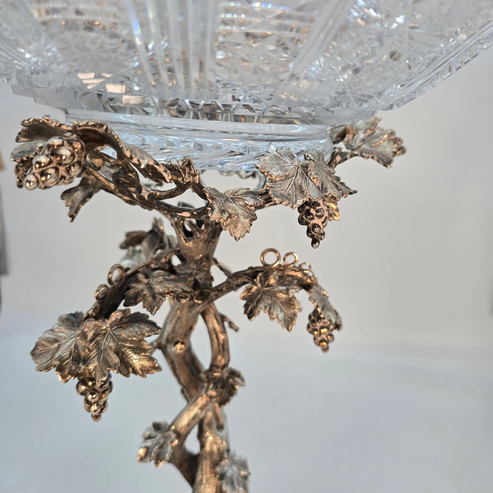 A Victorian silver-plated table centrepiece featuring an intertwined grapevine stem supporting a cut glass bowl. View III