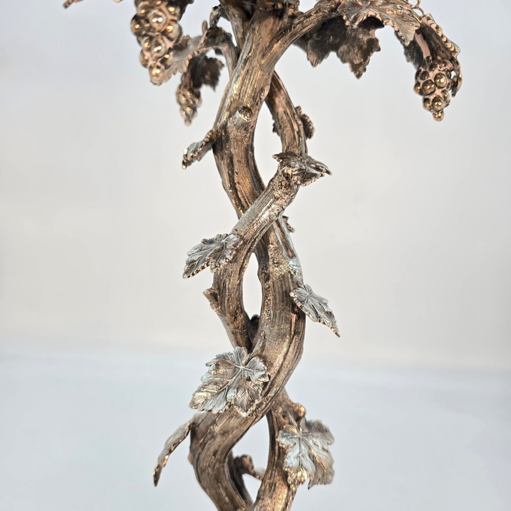 A Victorian silver-plated table centrepiece featuring an intertwined grapevine stem supporting a cut glass bowl. View IV
