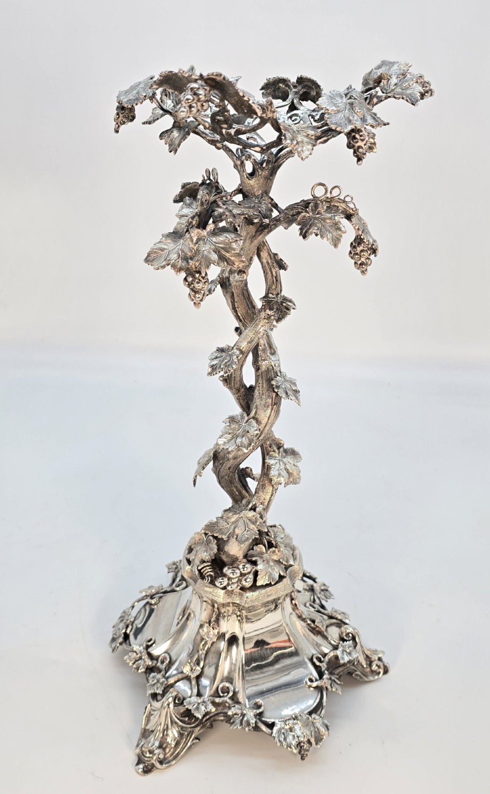 A Victorian silver-plated table centrepiece featuring an intertwined grapevine stem supporting a cut glass bowl. View XI