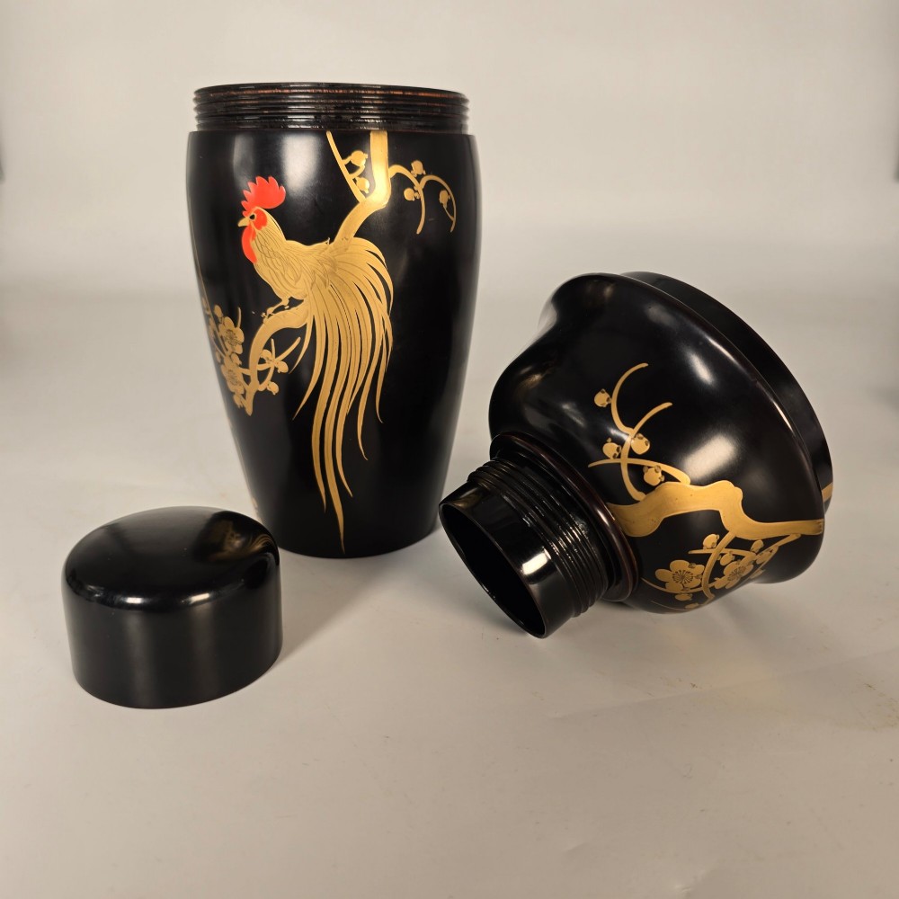A black and gold hand-painted Japanese lacquer cocktail set comprising a shaker, six stemmed glasses, and a rectangular tray adorned with rooster motifs. View VII