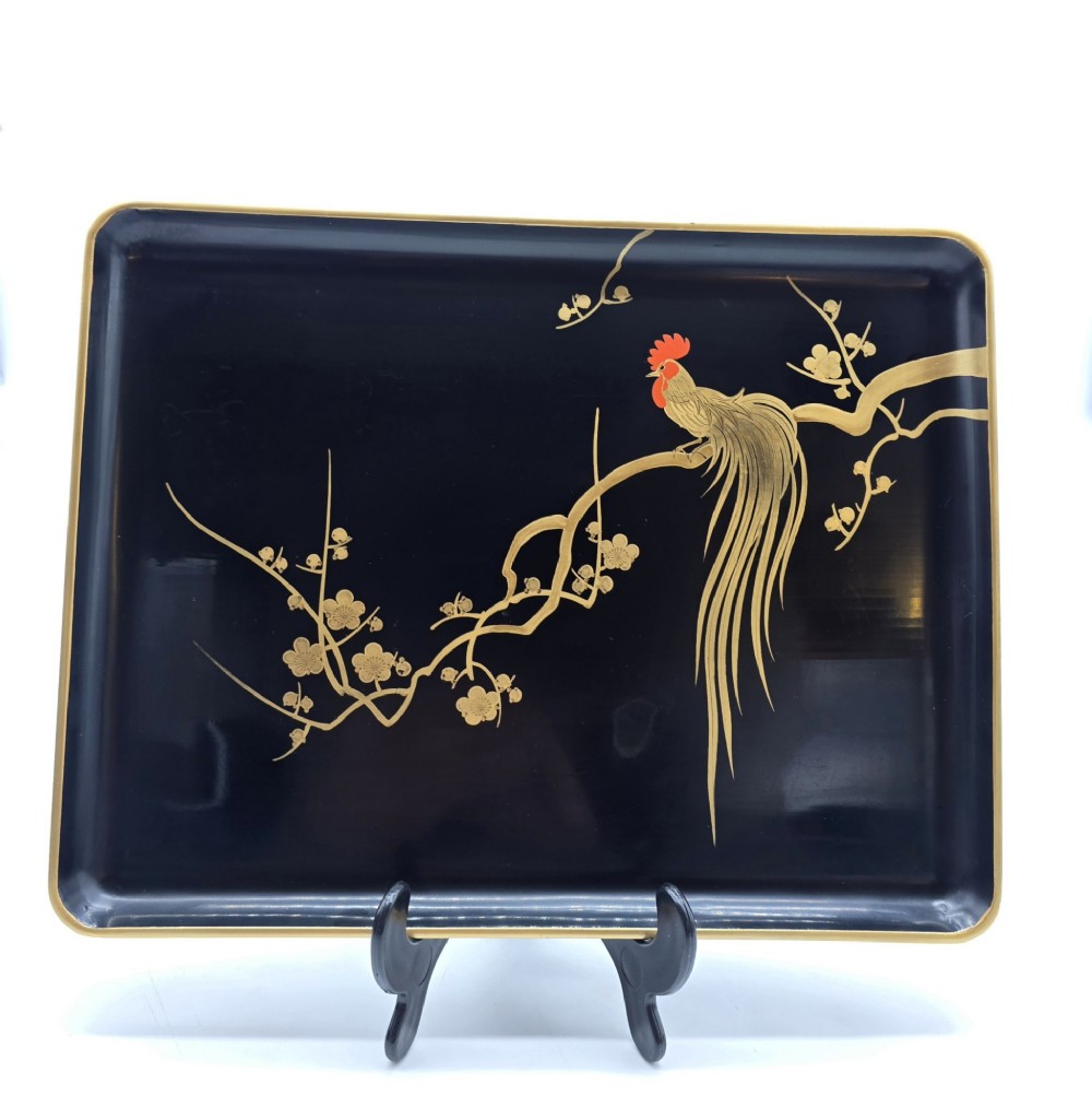 A black and gold hand-painted Japanese lacquer cocktail set comprising a shaker, six stemmed glasses, and a rectangular tray adorned with rooster motifs. View VIII