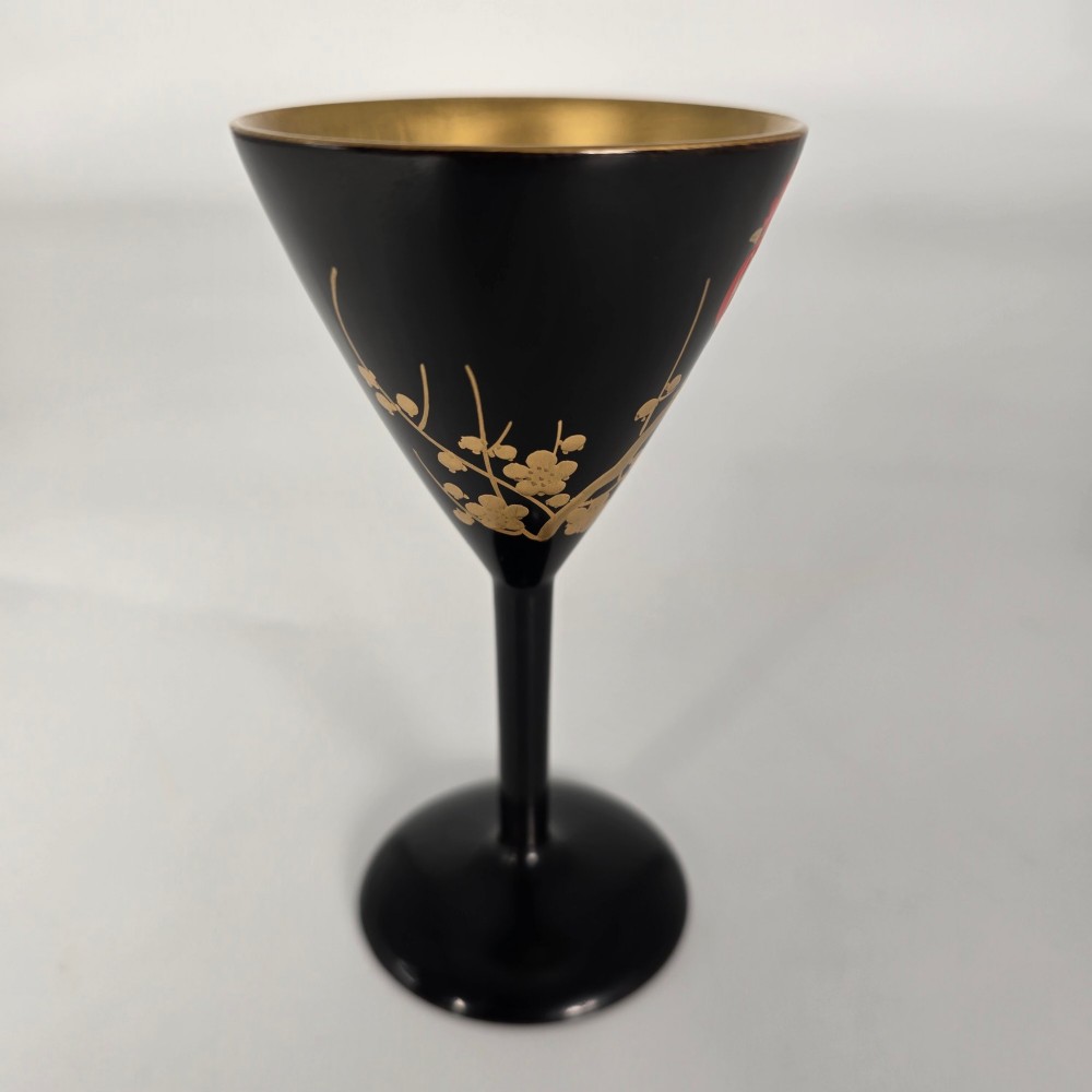 A black and gold hand-painted Japanese lacquer cocktail set comprising a shaker, six stemmed glasses, and a rectangular tray adorned with rooster motifs. View XI