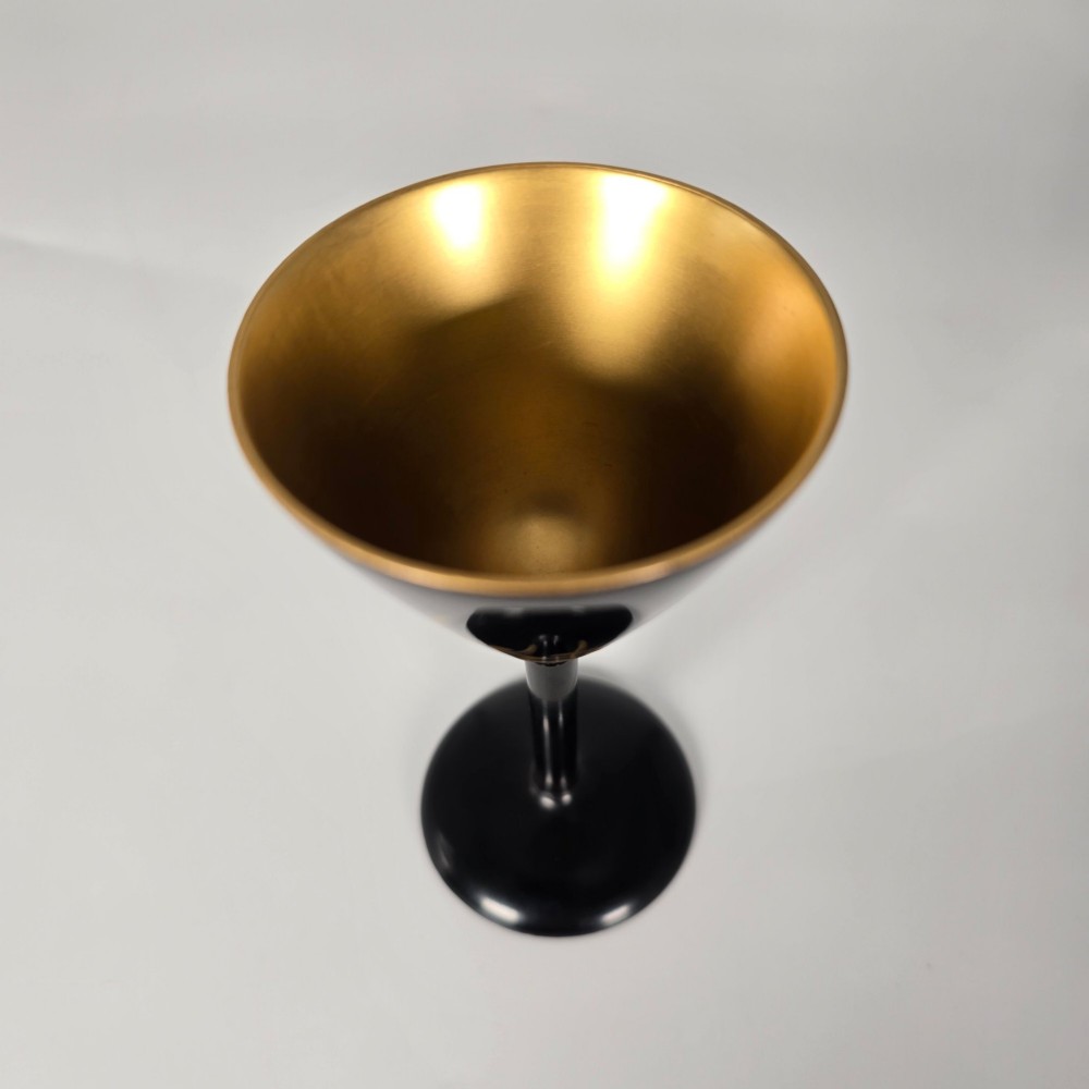 A black and gold hand-painted Japanese lacquer cocktail set comprising a shaker, six stemmed glasses, and a rectangular tray adorned with rooster motifs. View XII