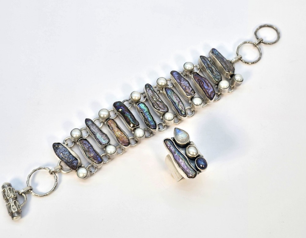 A 1960s  Japanese silver and Biwa pearl bracelet and matching ring.