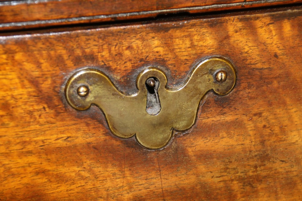 An 18th-century warm brown walnut bachelors chest of drawers with brass swing handles, a pull-out brushing slide, four graduated drawers, and bracket feet. View X
