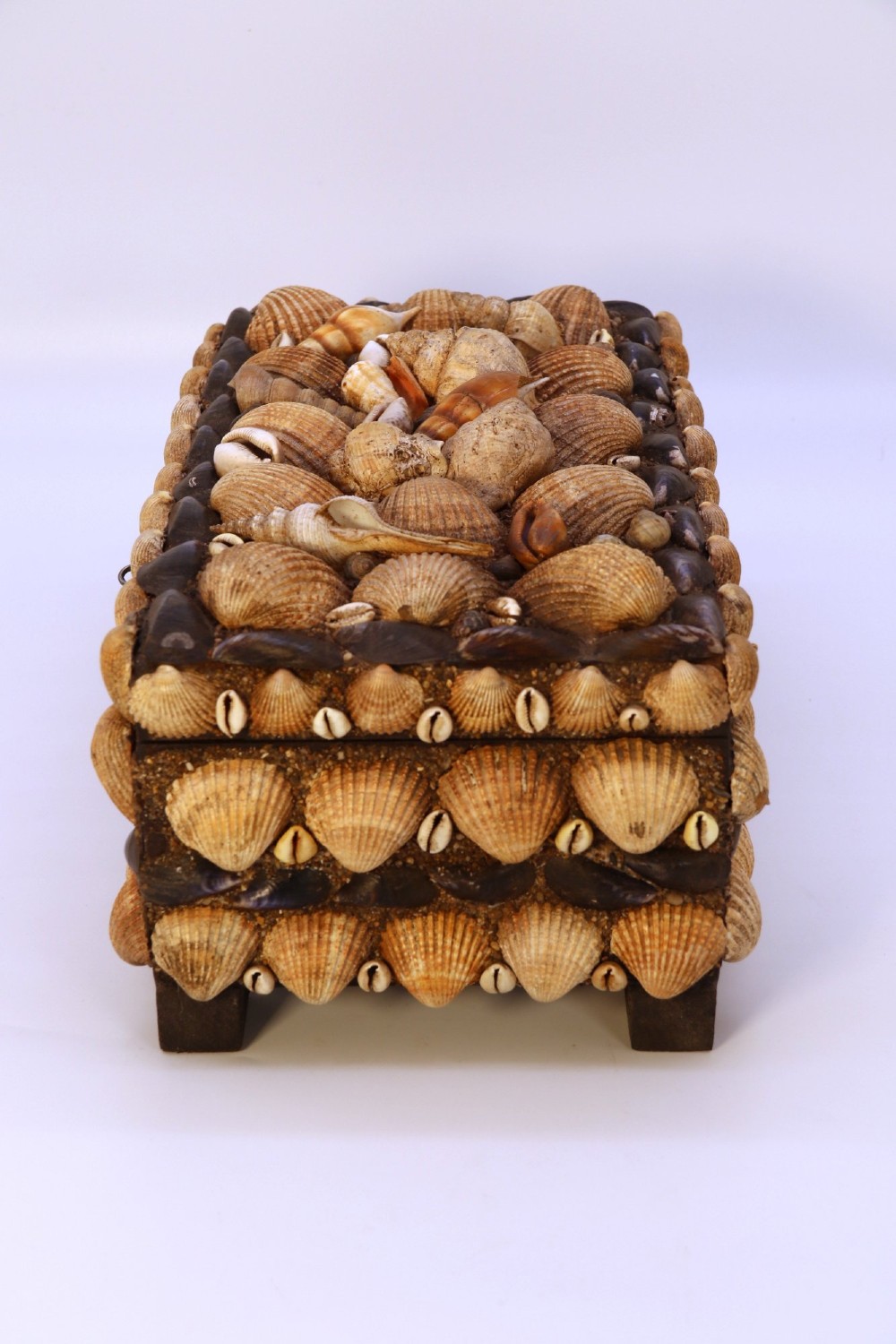 A rectangular wooden box encrusted entirely with an assortment of natural seashells, supported by four short block feet. View IX