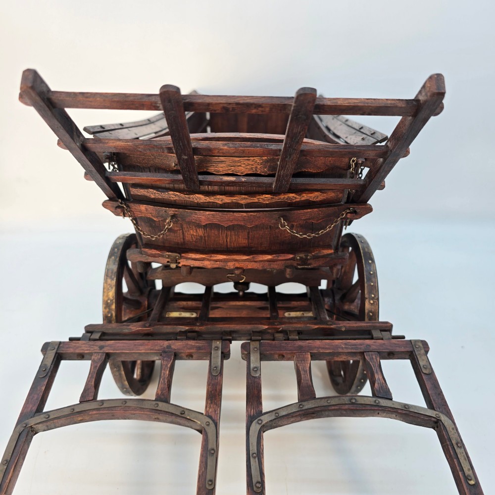 A detailed dark wood scale model of an English twin horse-drawn farm hay cart featuring spoked wheels, iron hardware, and wooden shafts. View IX