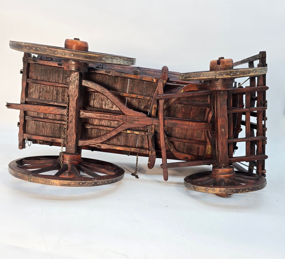 A detailed dark wood scale model of an English twin horse-drawn farm hay cart featuring spoked wheels, iron hardware, and wooden shafts. View XIII