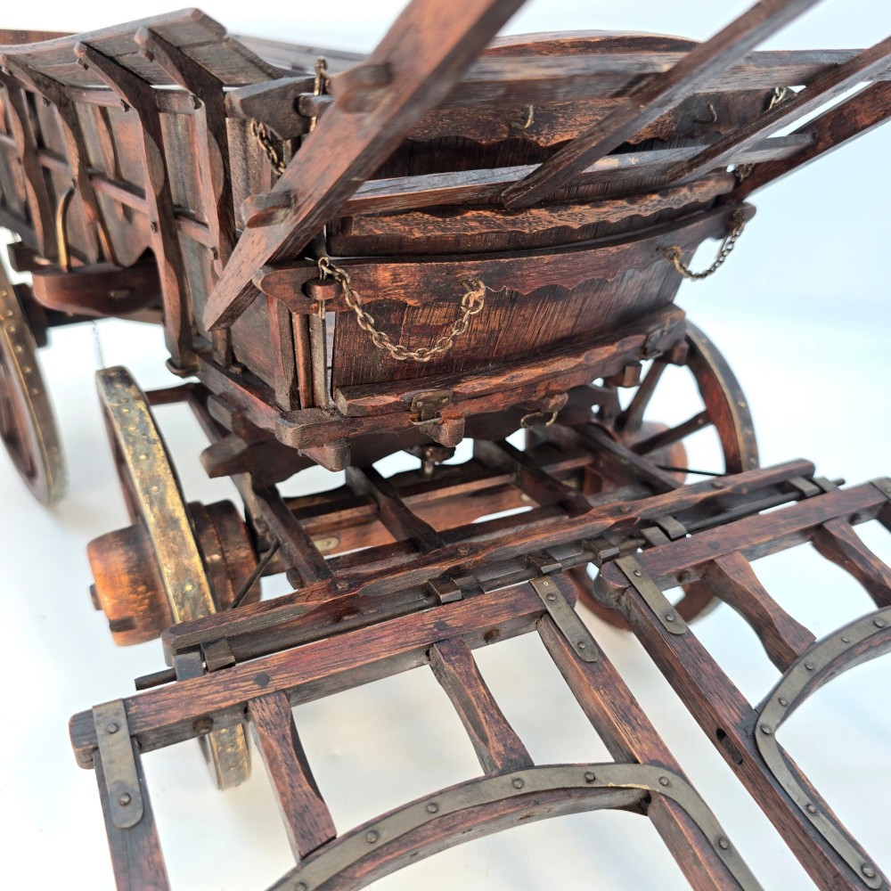 A detailed dark wood scale model of an English twin horse-drawn farm hay cart featuring spoked wheels, iron hardware, and wooden shafts. View XV