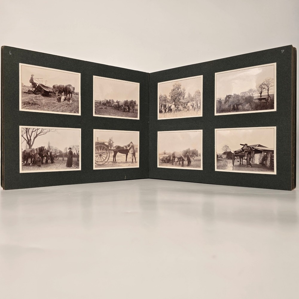 A set of three dark green cloth-bound Edwardian photograph albums stacked diagonally, featuring gold-embossed lettering and a geometric motif. View IV