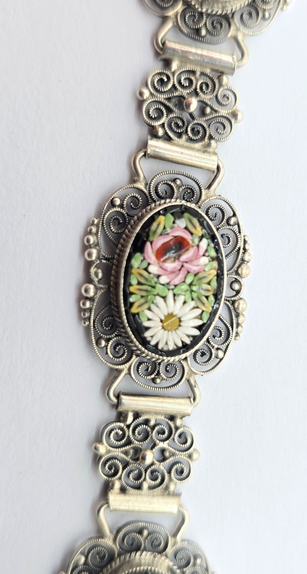 A rare Italian silver filigree and micro mosaic bracelet C1920 View V