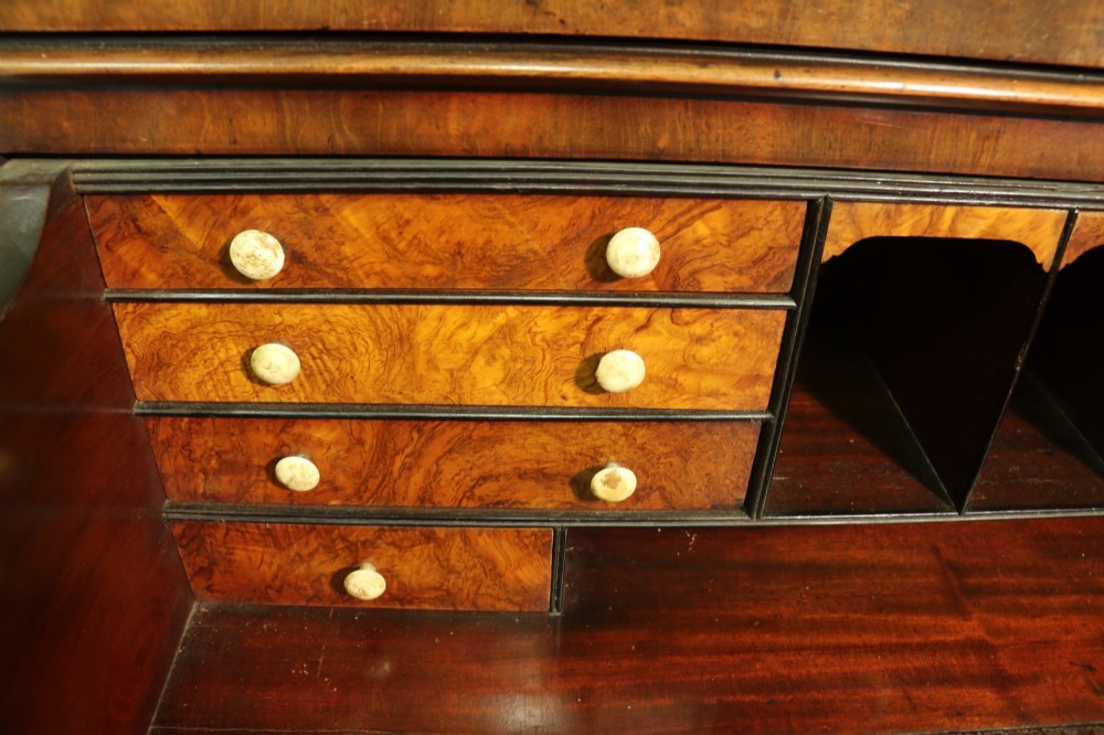 A Regency period mahogany secretaire bookcase with a single glazed upper door, a pull-out writing drawer, and a lower door with fabric and brass grille. View V