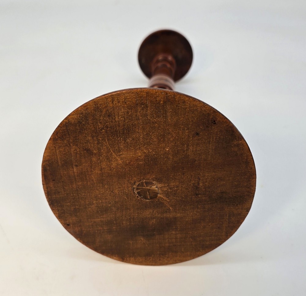 A pair of turned early eighteenth-century yew wood wig stands featuring domed tops, knopped baluster shafts, and turned circular bases. View XIV