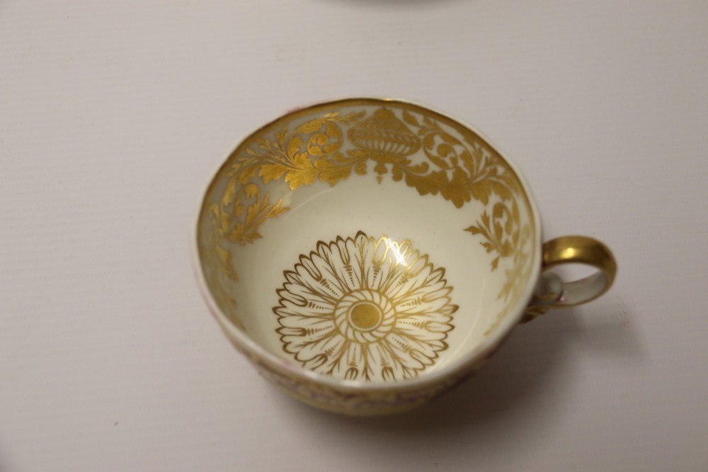 An early nineteenth-century Regency Spode porcelain cabinet cup and saucer featuring deep crimson ground decorated with heavy gilded scrollwork and shell motifs. View XII