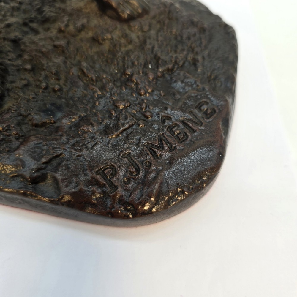A 19th-century dark patinated bronze sculpture of a standing greyhound dog on a textured oval base. View VII