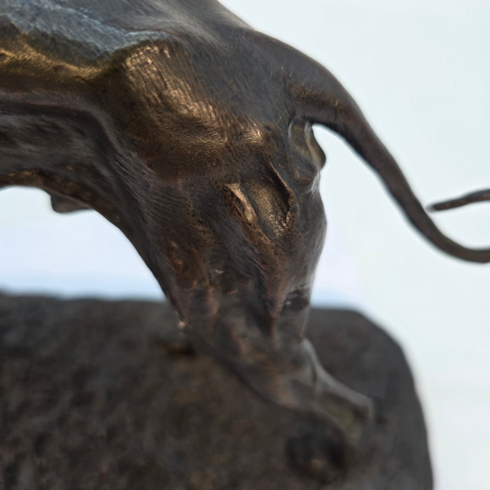 A 19th-century dark patinated bronze sculpture of a standing greyhound dog on a textured oval base. View XII