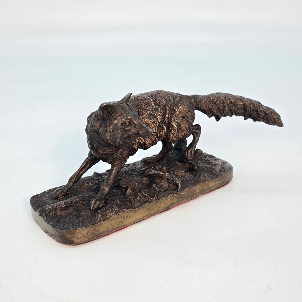A dark brown patinated bronze sculpture depicting a crouching fox on a naturalistic textured base. View II