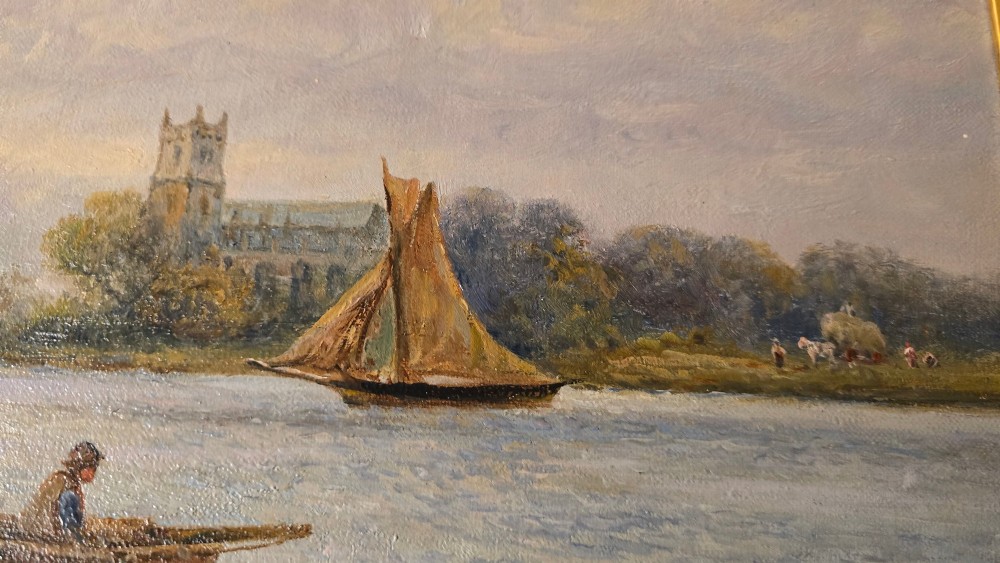 An antique oil painting depicting a coastal harbour scene with boats and figures, set within an ornate carved gold frame. View XII
