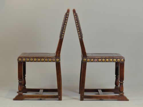 SPANISH LEATHER UPHOLSTERED OAK CHAIRS SET OF 6 C1870 - ADDITIONAL PHOTO 3