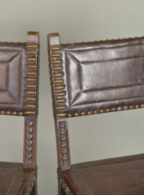 SPANISH LEATHER UPHOLSTERED OAK CHAIRS SET OF 6 C1870 - ADDITIONAL PHOTO 7