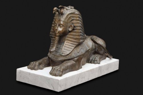 FRENCH EGYPTIAN REVIVAL BRONZE SPHINX SCULPTURES MONUMENTAL SIZE ON CARRARA MARBLE PLINTHS - ADDITIONAL PHOTO 9