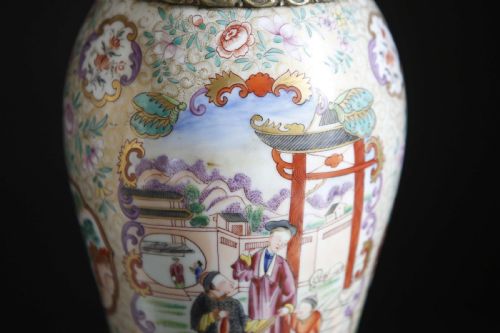 CHINESE CANTON FAMILLE ROSE VASE OIL LANTERN LAMPS PAIR 19TH CENTURY - ADDITIONAL PHOTO 8