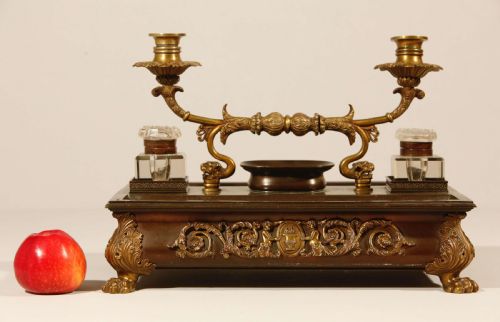 FRENCH BRONZE AND GILDED BRONZE INKWELL AND CANDLESTAND 19TH CENTURY - ADDITIONAL PHOTO 3