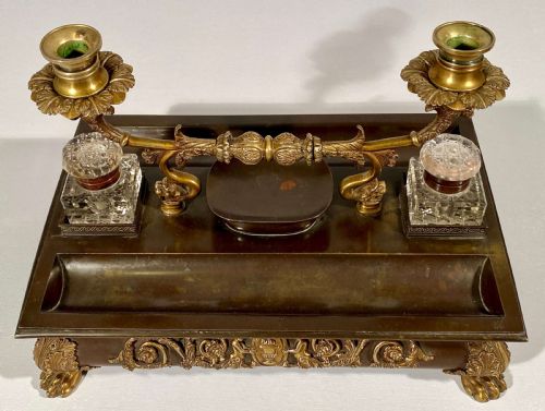 FRENCH BRONZE AND GILDED BRONZE INKWELL AND CANDLESTAND 19TH CENTURY - ADDITIONAL PHOTO 7