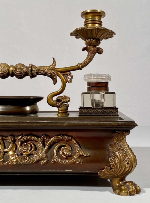 FRENCH BRONZE AND GILDED BRONZE INKWELL AND CANDLESTAND 19TH CENTURY - ADDITIONAL PHOTO 9
