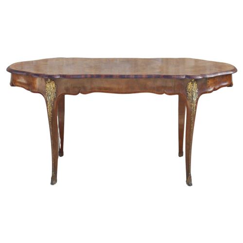 SERPENTINE DESK BURR WALNUT ORMOLU CENTER TABLE SATINWOOD CABRIOLE LEGS 19TH C