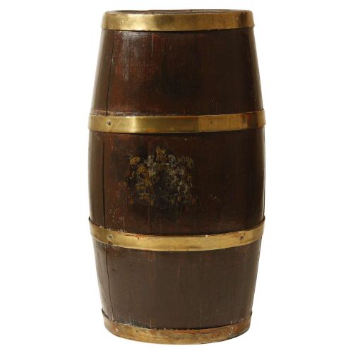 OAK BARREL UMBRELLA STAND WITH BRASS BRACES ENGLISH COAT OF ARMS 19TH CENTURY