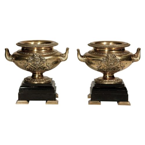 BRONZE URN VASES FRENCH PAIR ON MARBLE BASES 19TH CENTURY