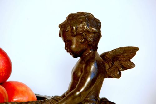 FRUIT BOWL FRENCH PATINATED BRONZE WINGED CHERUB CENTERPIECE CIRCULAR - ADDITIONAL PHOTO 2