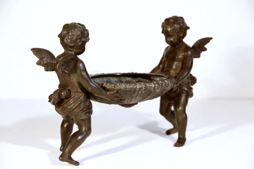 FRUIT BOWL FRENCH PATINATED BRONZE WINGED CHERUB CENTERPIECE CIRCULAR - ADDITIONAL PHOTO 3