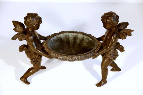 FRUIT BOWL FRENCH PATINATED BRONZE WINGED CHERUB CENTERPIECE CIRCULAR - ADDITIONAL PHOTO 4