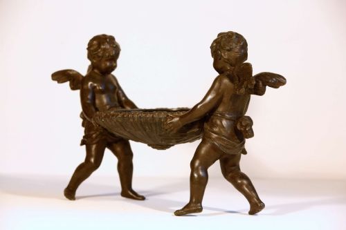 FRUIT BOWL FRENCH PATINATED BRONZE WINGED CHERUB CENTERPIECE CIRCULAR - ADDITIONAL PHOTO 5