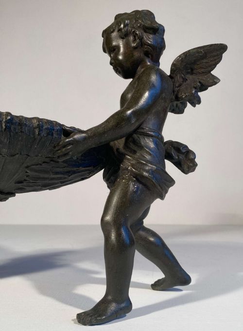 FRUIT BOWL FRENCH PATINATED BRONZE WINGED CHERUB CENTERPIECE CIRCULAR - ADDITIONAL PHOTO 9